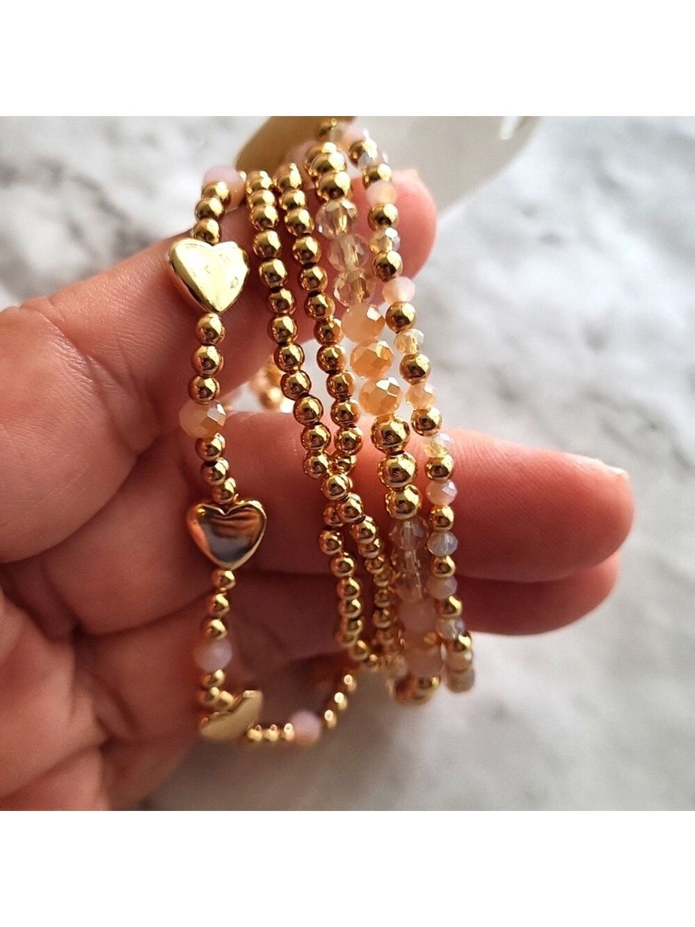 Gold and Pink Beaded 5 Bracelet Set